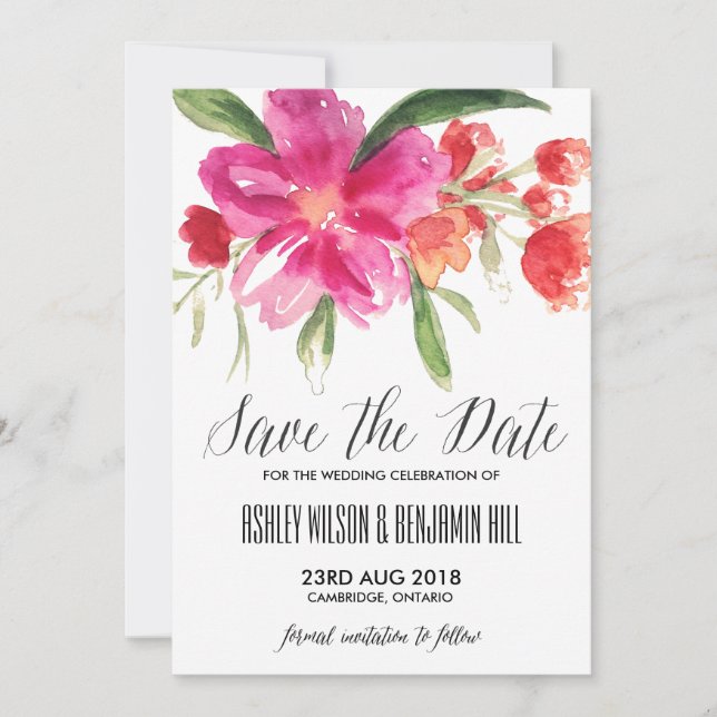 Anúncio de Save the Date de Posy em Aquarela Rosa  (Frente)