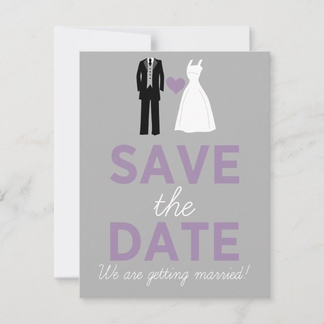 Anúncio de Save the Date de Vestido de Noiva e Tux (Frente)