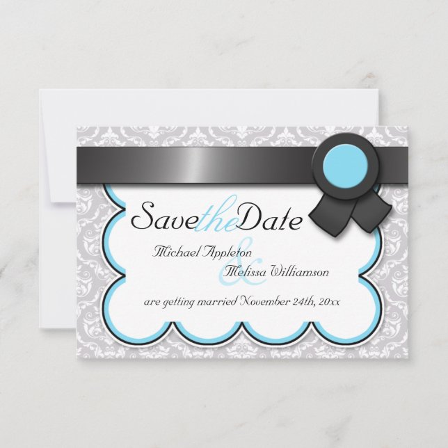 Anúncio de Save the Date em Damask Aqua Azul e Cin (Frente)