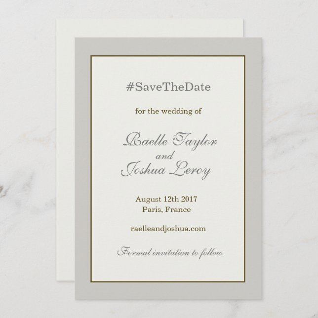 Anúncio de save the date em tons de marfim e cinza (Frente/Verso)