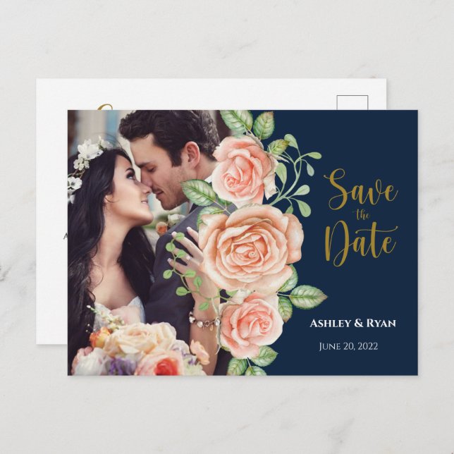 Anúncio de Save the Date Floral em Azul Marinho e  (Frente/Verso)
