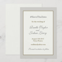 Anúncio de save the date hashtag dourado cinza mar