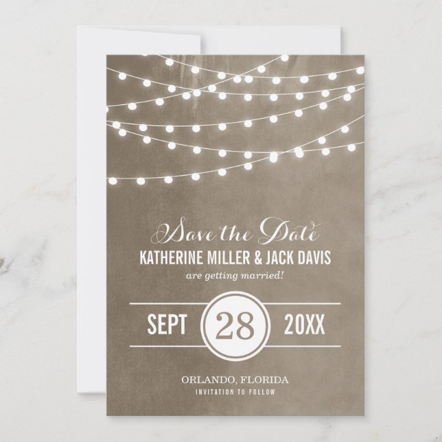 Anúncio de Save the Date Luzes de Corda Bege (Frente)