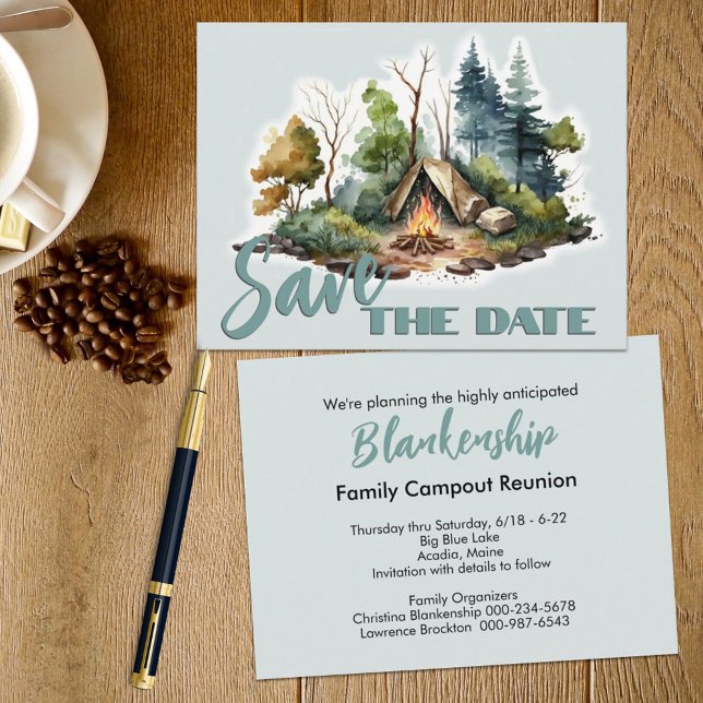 Anúncio de Tent de Aquarela de Celebração de Reuni (This easy to personalize family reunion save the date announcement also serves as the invitation. )