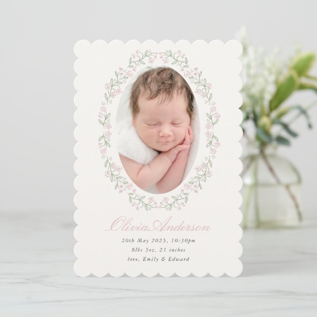 Anúncio Delicate Floral Frame Girl Birth Announcement (Em pé/Frente)