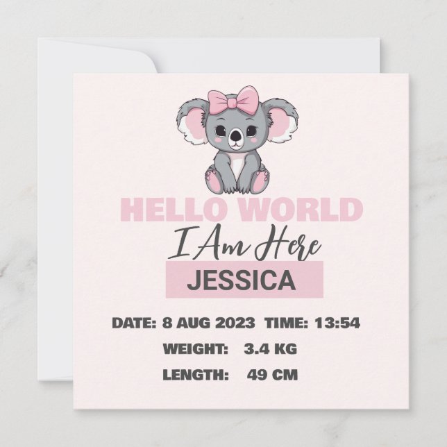 Anúncio Detalhes do Nascer do bebê rosa Koala (Frente)