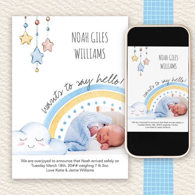 Anúncio Diga Olá Foto, Bonito Nascimento do Rainbow Nurser (Photo Baby Boy Birth Announcement with Cute Rainbow)