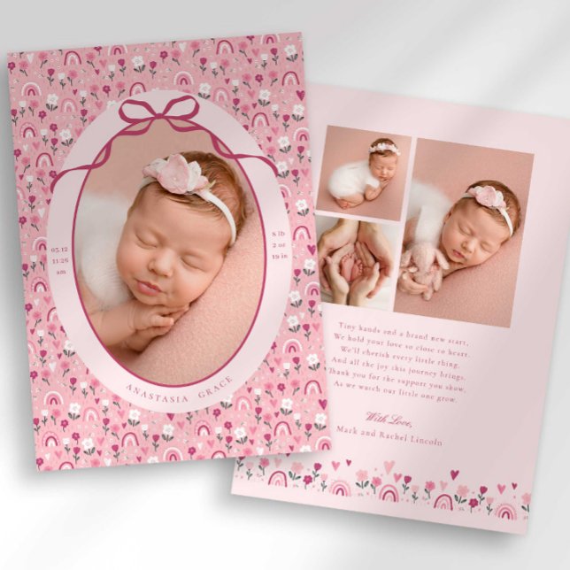 Anúncio Ditsy Doodle Floral Bow Photo Birth Announcement (Criador carregado)