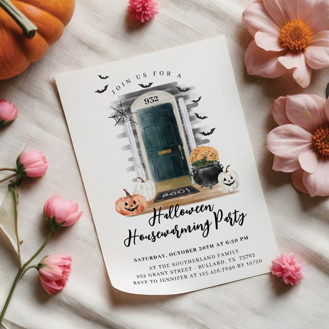 Anúncio Diversão do Dia das Bruxas, Frente Verde (Fun Halloween Housewarming Party Green Front Door Announcement)