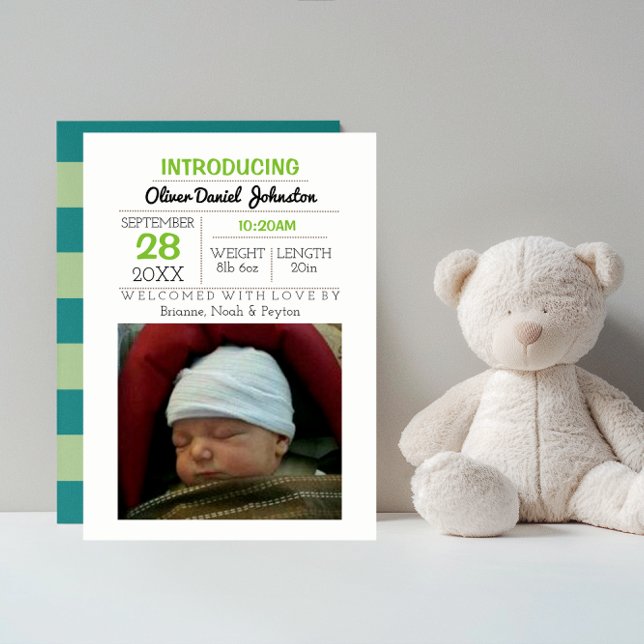 Anúncio do Bebê de Foto de Stripe Teal (Criador carregado)