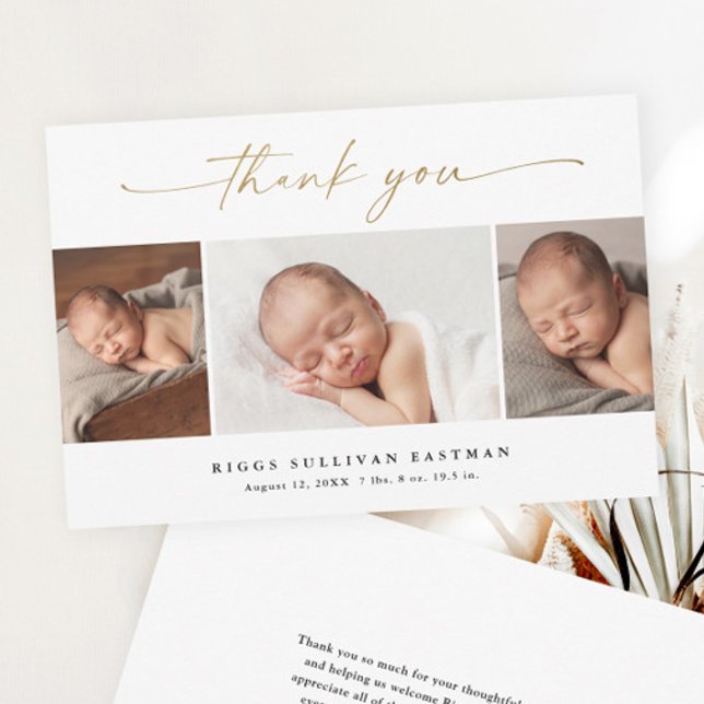 Anúncio do Bebê Fotográfico 3 Script Orçamental Ob (Elegant gold script 3 photo collage baby budget thank you card birth announcement.)
