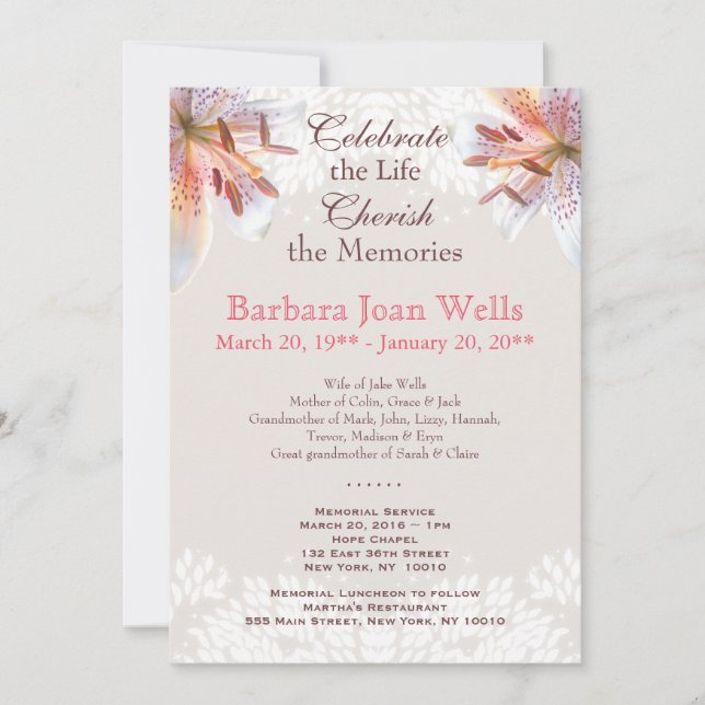 Anúncio do Funeral do Serviço Memorial Tiger Lily (Frente)