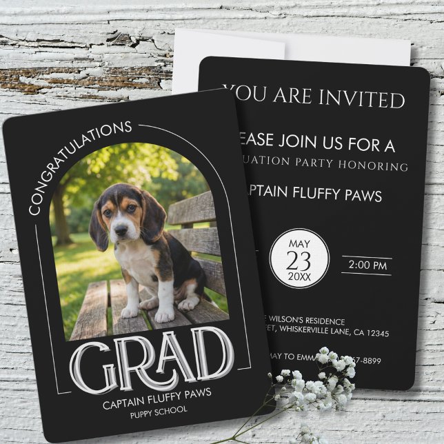 Anúncio Dog Training School Pet Photo Black Graduation (Black Dog graduation announcement . dog obedience training school)