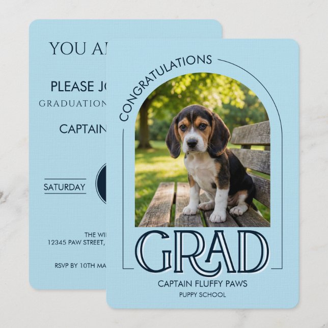 Anúncio Dog Training School Pet Photo Navy Blue Graduation (Frente/Verso)