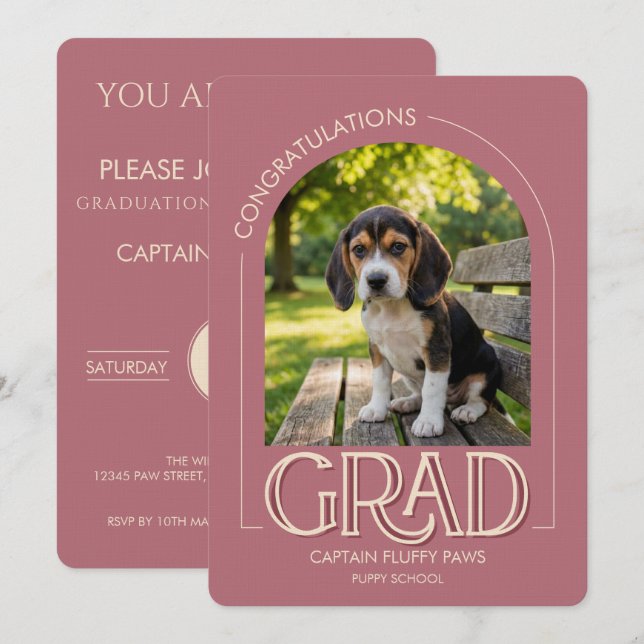 Anúncio Dog Training School Pet Photo Rose Gold Graduation (Frente/Verso)