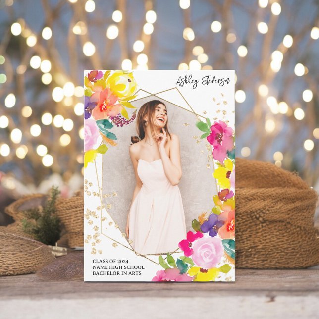 Anúncio Dourada brilho boho bold fotografia floral (Gold glitter boho bold floral photo graduation announcement)