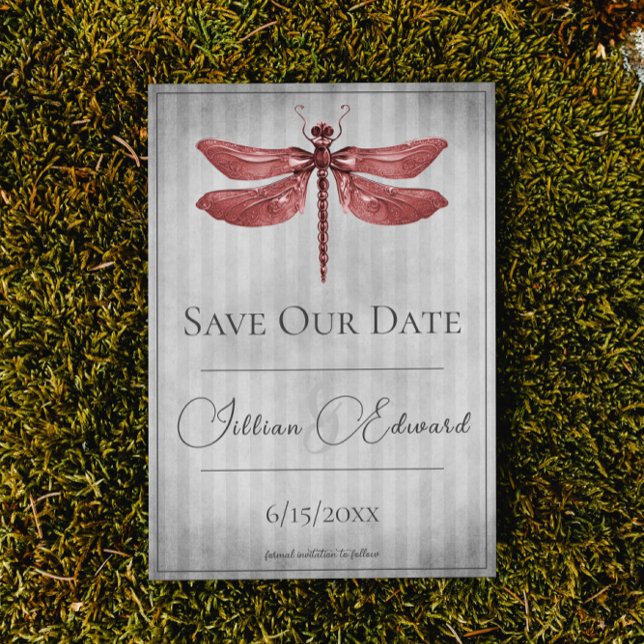 Anúncio Dragonfly Red Jeweled Salvar a Data (Red Jeweled Dragonfly Save the Date Wedding Announcement)