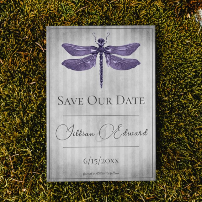Anúncio Dragonfly Roxa Salva a Data (Purple Jeweled Dragonfly Save the Date Wedding Announcement)