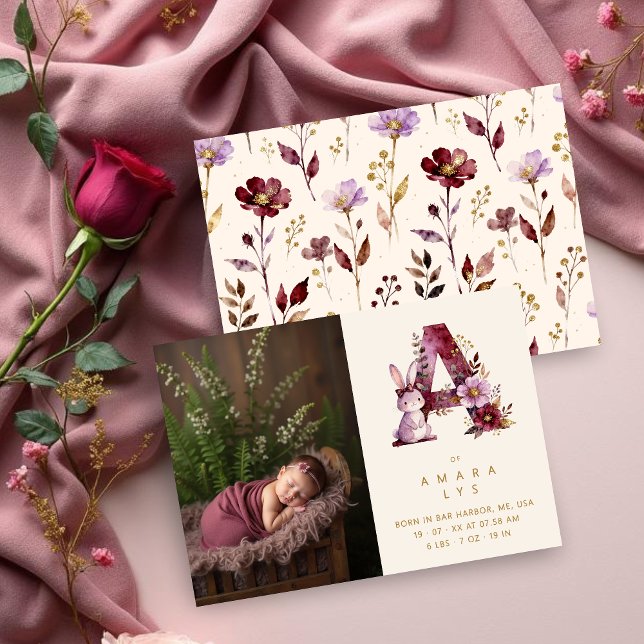 Anúncio Dreamy Bunny A Initial Gold Glitter Newborn (Dreamy Funny Bunny Romantic Floral A Initial in Burgundy & Gold Glitter Effect for Newborn Photo.)
