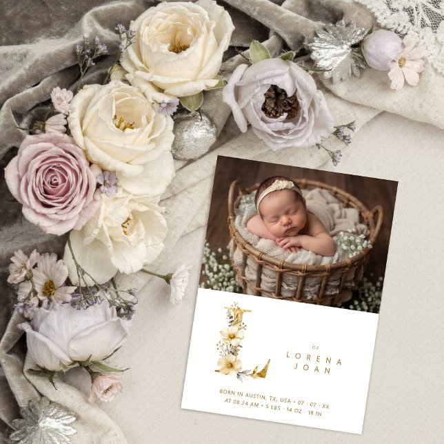 Anúncio Dreamy Floral E Initial Gold Glitter Newborn (Dreamy Romantic Floral L Initial in Gold Glitter Effect for Newborn Photo Announcement Card Design.)