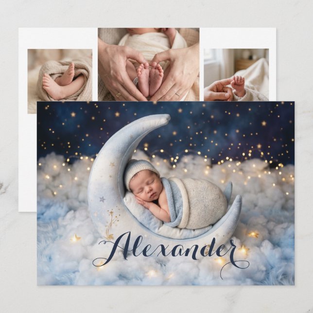Anúncio Dreamy Moon & Stars Baby Birth Announcement (Frente/Verso)