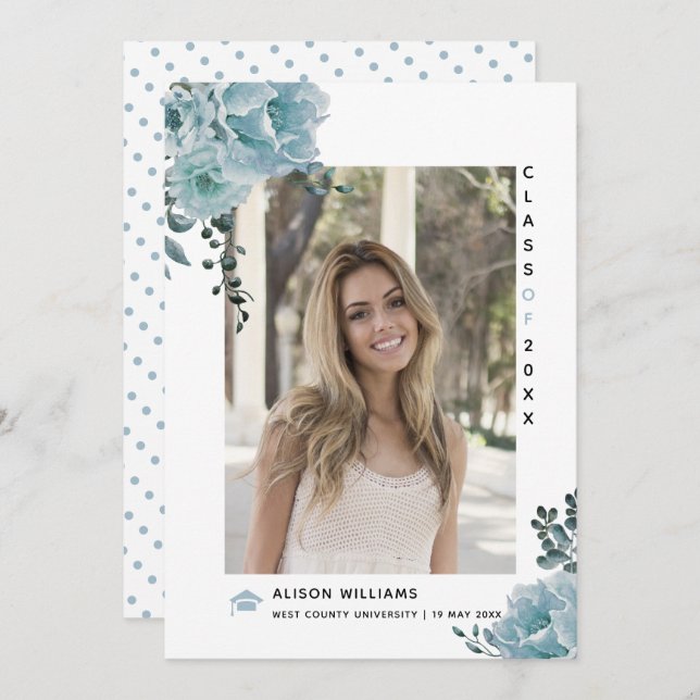 Anúncio Dusty blue flowers Class of 2023 graduation photo (Frente/Verso)