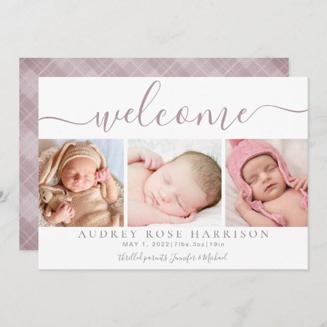 Anúncio Dusty Mauve Welcome Baby Photo Collage Birth (Frente/Verso)