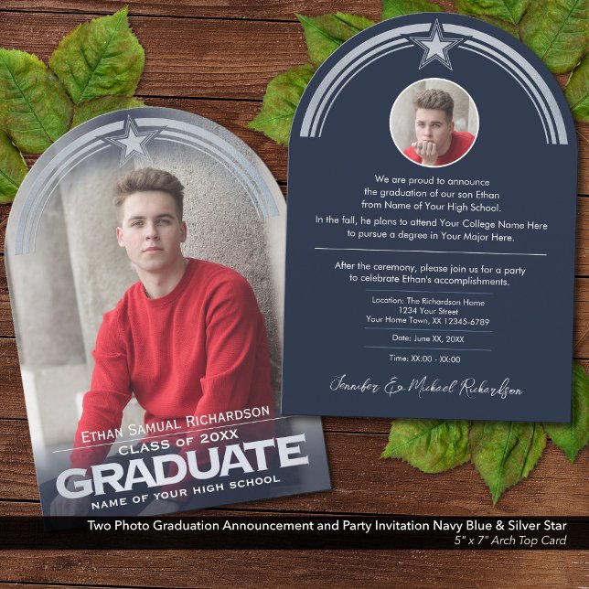 Anúncio e Convite de festas de Graduação de Foto (Two Photo Graduation Announcement & Invite: Dark Navy Blue & Faux Metallic Silver Embossed Details.)
