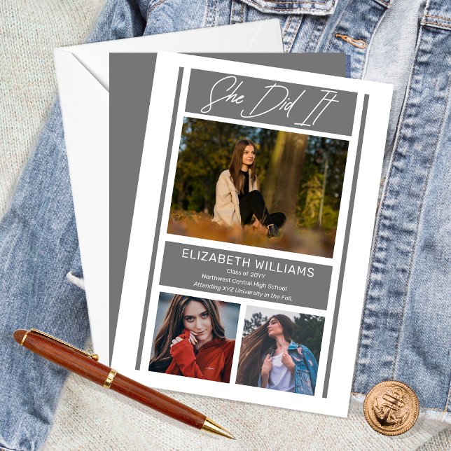 Anúncio Ela Fez Simples Minimalista Graduação Cinza ("She Did It" Simple Minimalist 3 Photo Collage Gray | White Graduation Announcement - Print Digital)