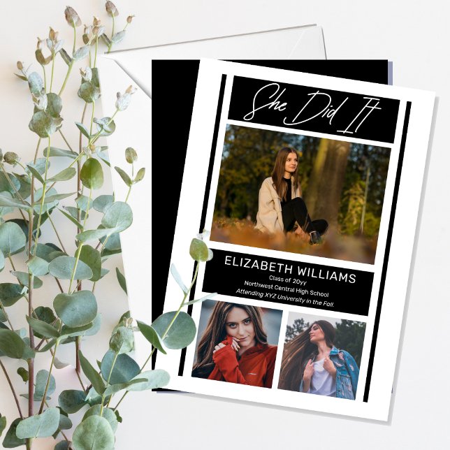 Anúncio Ela Fez Um Simples Mínimo Graduação De BW ("She Did It" Simple Minimalist Black and White Graduation Announcement - Print and/or Download)