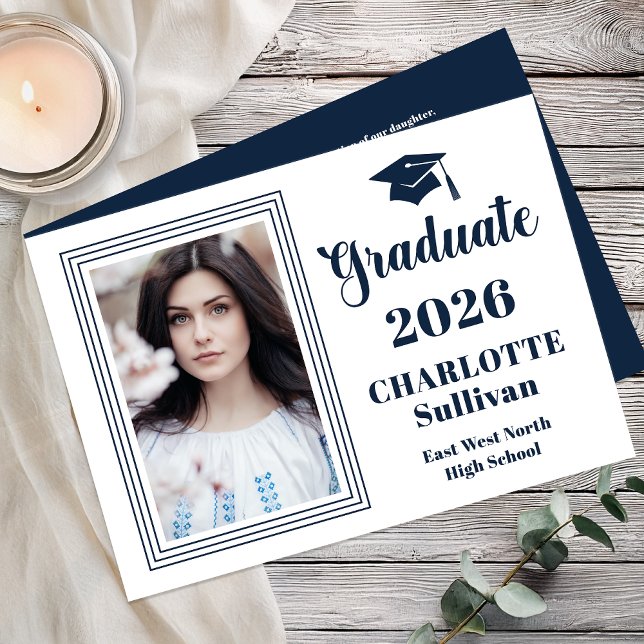 Anúncio Elegant 2026 Graduate Graduation Portrait Photo  (Elegant Modern Graduation Portrait Photo Announcement - Print | Digital - Blue | White Reverse)