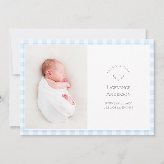 Anúncio Elegant Baby Blue Gingham 2 Photo Baby Boy Birth (Frente)