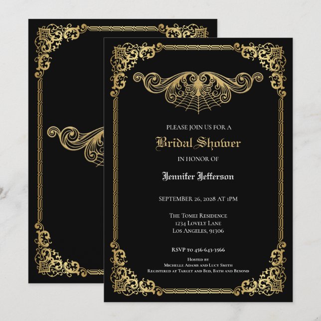 Anúncio Elegant black and gold Gothic Bridal Shower (Frente/Verso)
