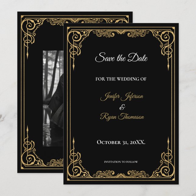 Anúncio Elegant black and gold wedding save the date (Frente/Verso)