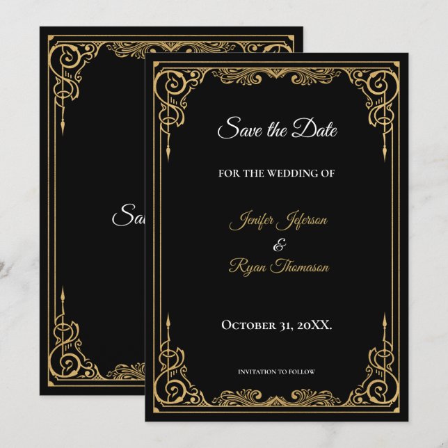 Anúncio Elegant black and gold wedding save the date (Frente/Verso)