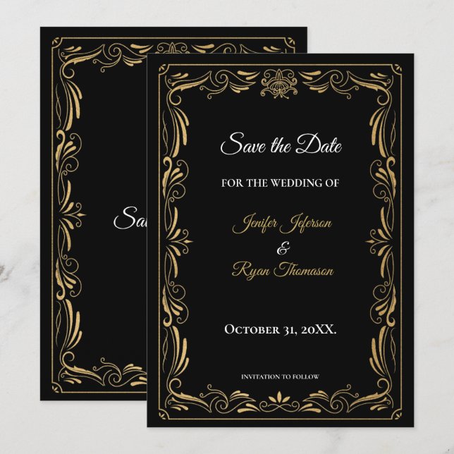 Anúncio Elegant black and gold wedding save the date (Frente/Verso)