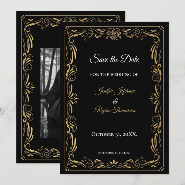 Anúncio Elegant black and gold wedding save the date (Frente/Verso)