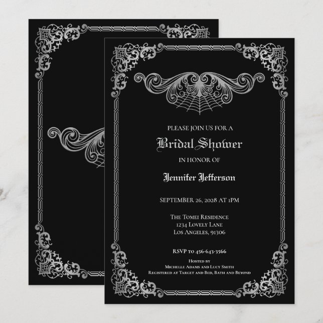 Anúncio Elegant black and white Gothic Bridal Shower (Frente/Verso)