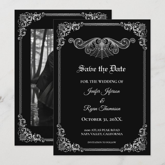 Anúncio Elegant black Gothic wedding save the date (Frente/Verso)