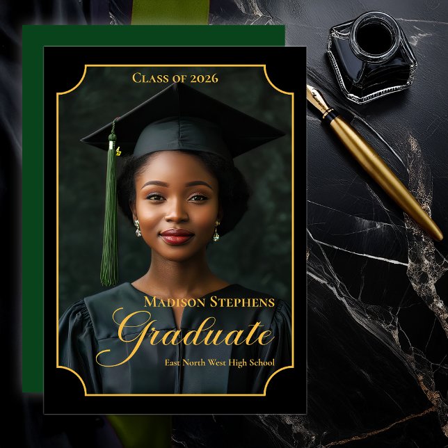 Anúncio Elegant Class of 2026 Portrait Graduation (Luxury Black & Gold Portrait Graduation Announcement with Ornate Frame and Script Typography -Green)