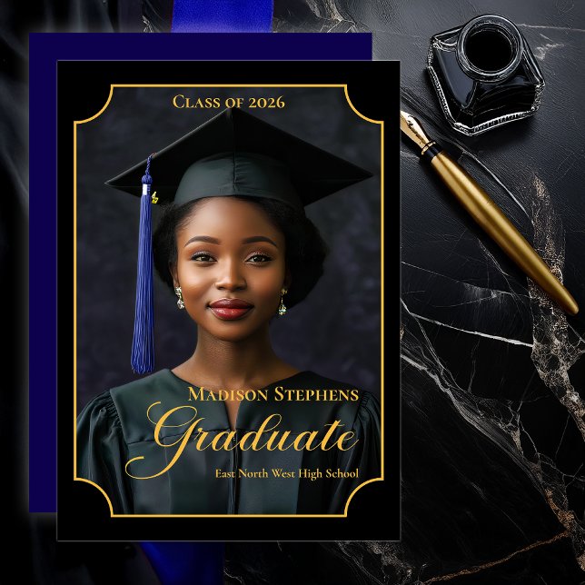 Anúncio Elegant Class of 2026 Portrait Graduation (Luxury Black & Gold Portrait Graduation Announcement with Ornate Frame and Script Typography - Blue)
