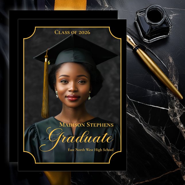 Anúncio Elegant Class of 2026 Portrait Graduation (Luxury Black & Gold Portrait Graduation Announcement with Ornate Frame and Script Typography - Black)