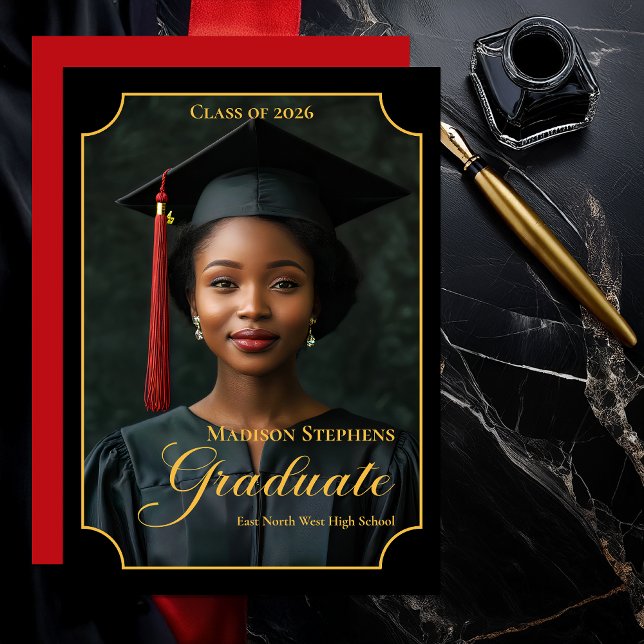 Anúncio Elegant Class of 2026 Portrait Graduation (Luxury Black & Gold Portrait Graduation Announcement with Ornate Frame and Script Typography - Red)