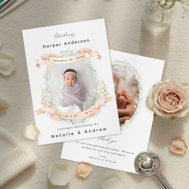 Anúncio Elegant Floral Gender Neutral Newborn Baby Birth (Elegant Floral Gender Neutral Newborn Baby Birth Announcement)