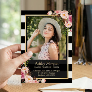 Anúncio Elegant Floral Gold Black White Stripes Graduation