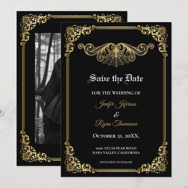 Anúncio Elegant gold Gothic wedding save the date (Frente/Verso)