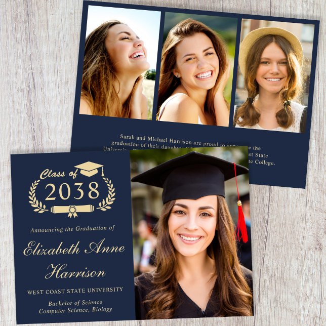 Anúncio Elegant Gold Script Photo Blue College Graduation (Elegant Gold Script Photo Blue College Graduation Announcement)