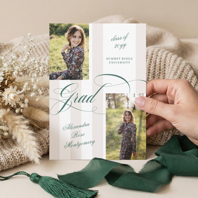 Anúncio Elegant Grad Script French Stripe Photo Graduation (Elegant Grad Script French Stripe Photo Graduation Announcement)