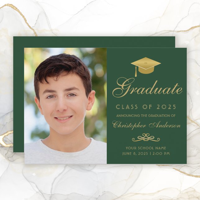 Anúncio Elegant Green Gold Script Cap Photo Graduation (Elegant Green and Gold Photo Graduation Announcement for boys.)