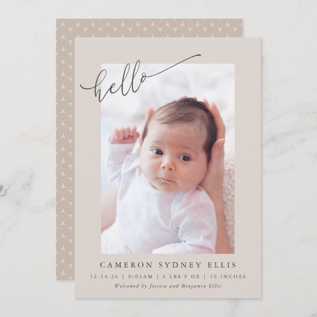Anúncio Elegant Neutral Beige Minimalist Hello Photo Birth (Frente/Verso)